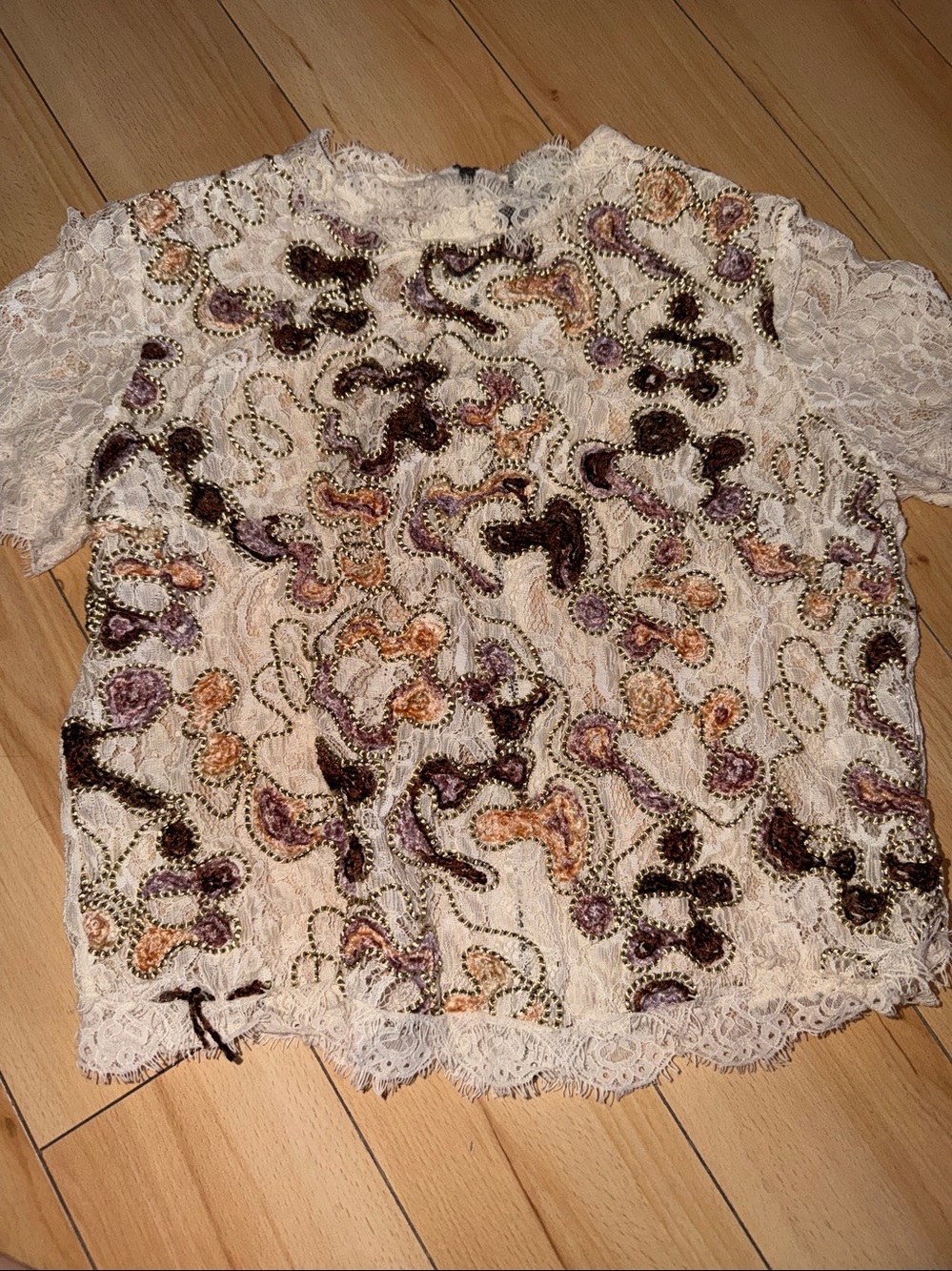 Zara Cream Lace Short-Sleeve Embellished Blouse with Multicolor Accents